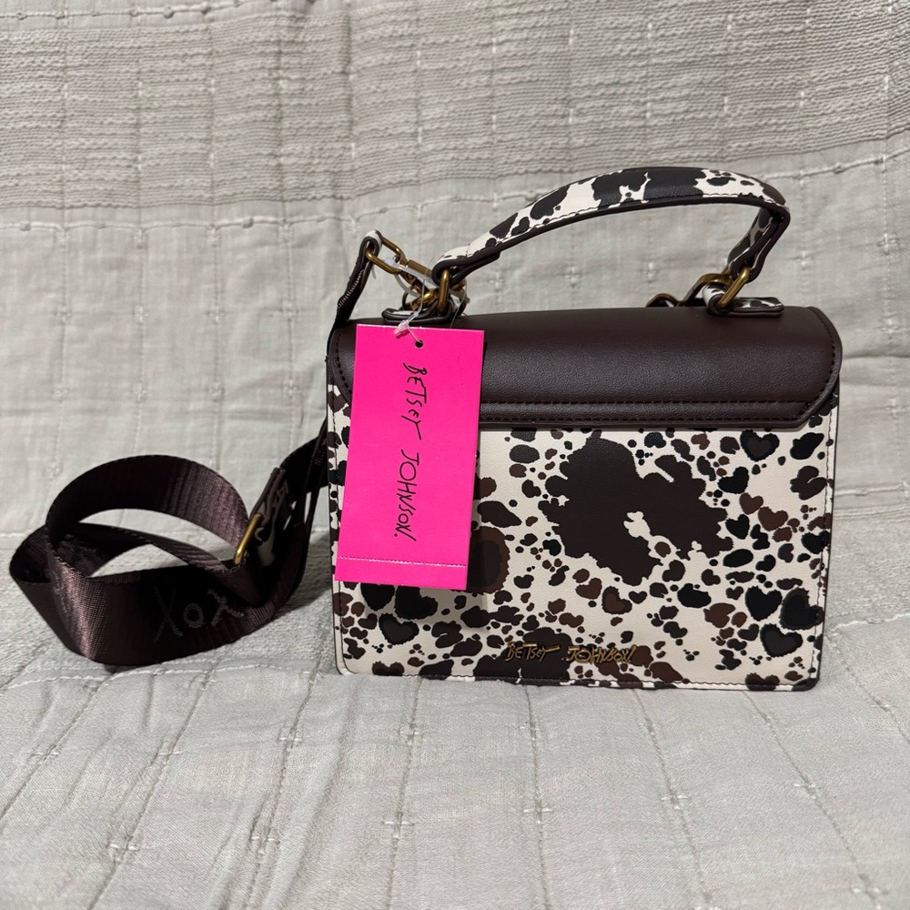 Betsey Johnson Western Brown & Black Cow Crossbody Bag with Heart Accents Charms - Picture 4 of 16